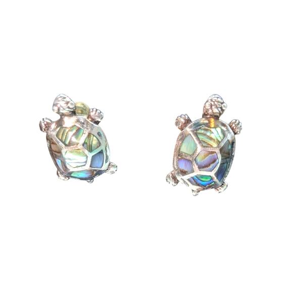 Vintage 925 Sterling Silver Abalone Turtle Post Earrings - Picture 3 of 6